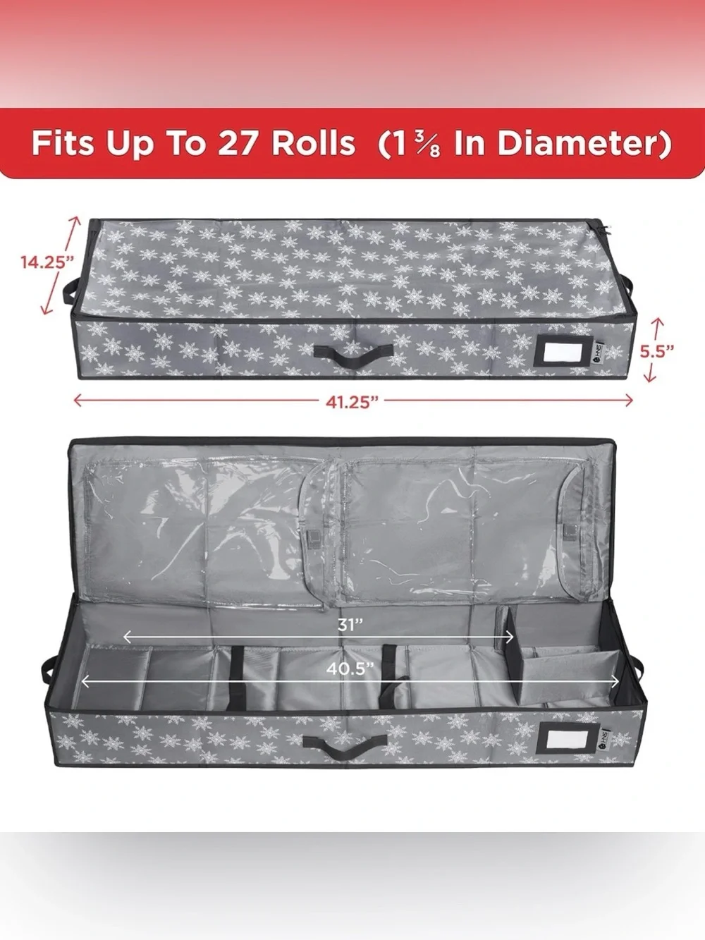 HOLDN’ STORAGE Premium Wrapping Paper Storage Container, Grey w/ Snowflakes